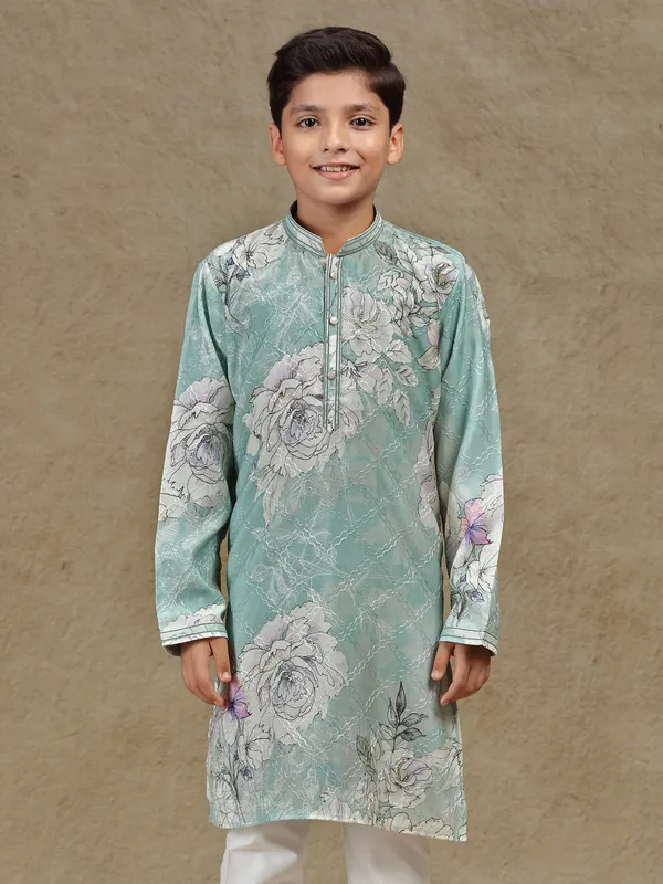 Mint green silk printed kurta suit for boys