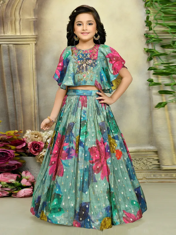 Mint green silk printed lehenga choli
