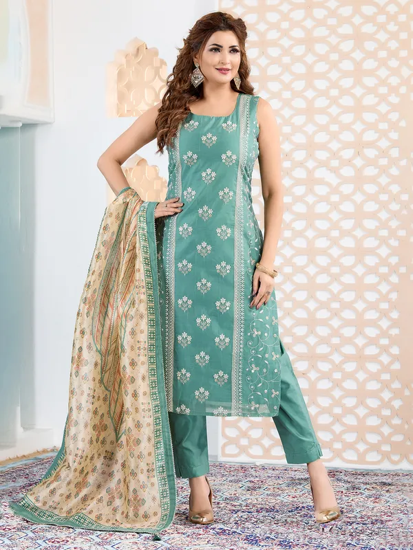 Mint green straight cut salwar suit with dupatta