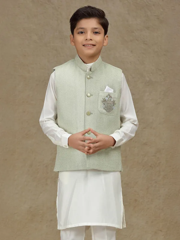Mint green wedding wear silk waistcoat set
