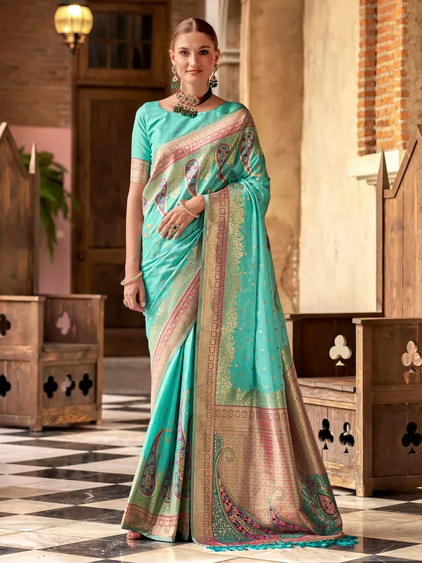 Mint green zari worked silk saree