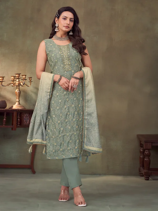 Mint grey embroidered silk suit for rakhi