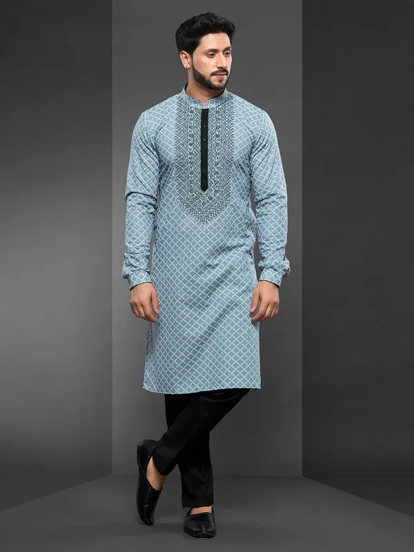 Mismerzing light blue cotton kurta suit for men