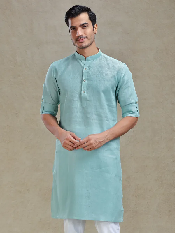 Mist green linen kurta for ethnic look