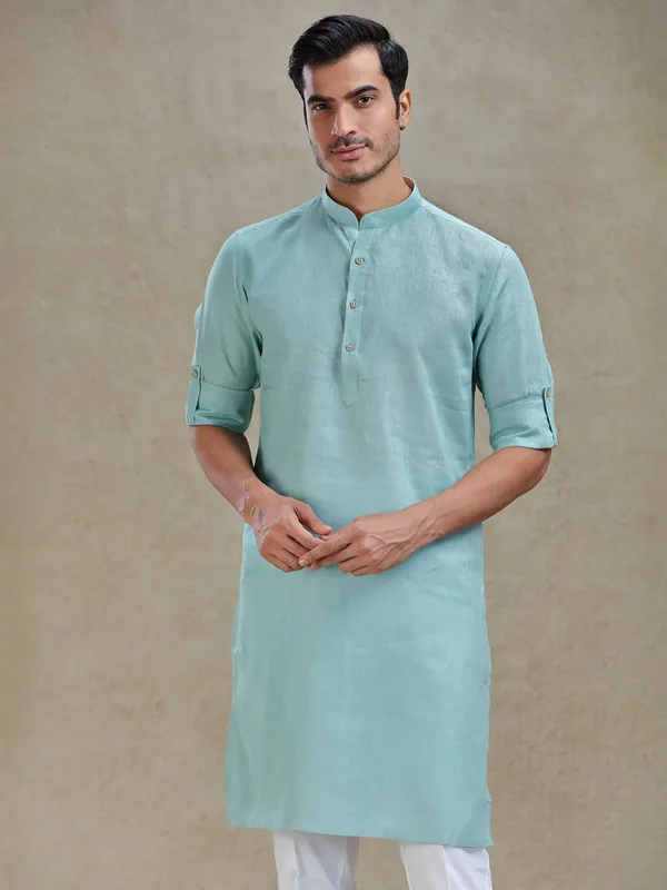 Mist green linen kurta pajama for ethnic look