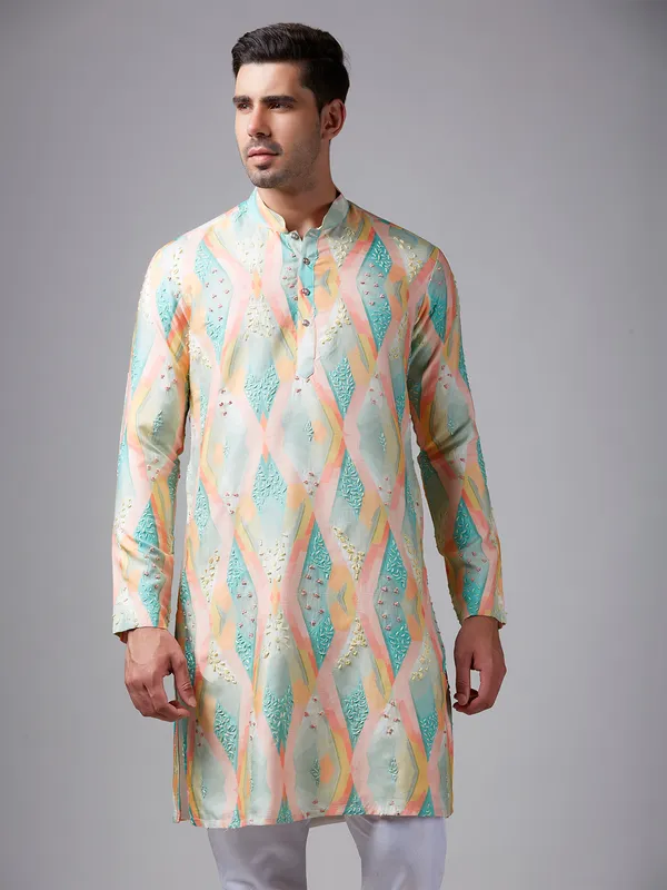 Classy multi color printed silk kurta suit