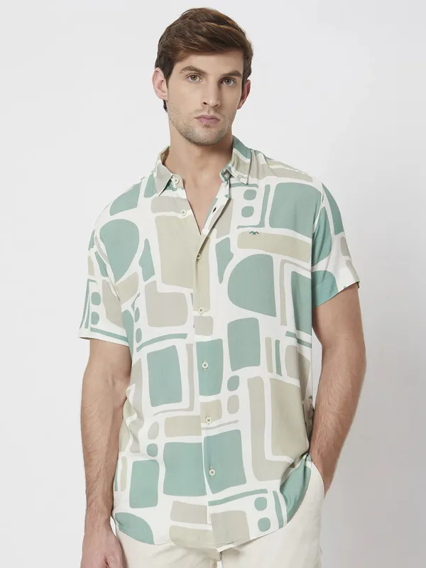 MUFTI beige printed half sleeve shirt