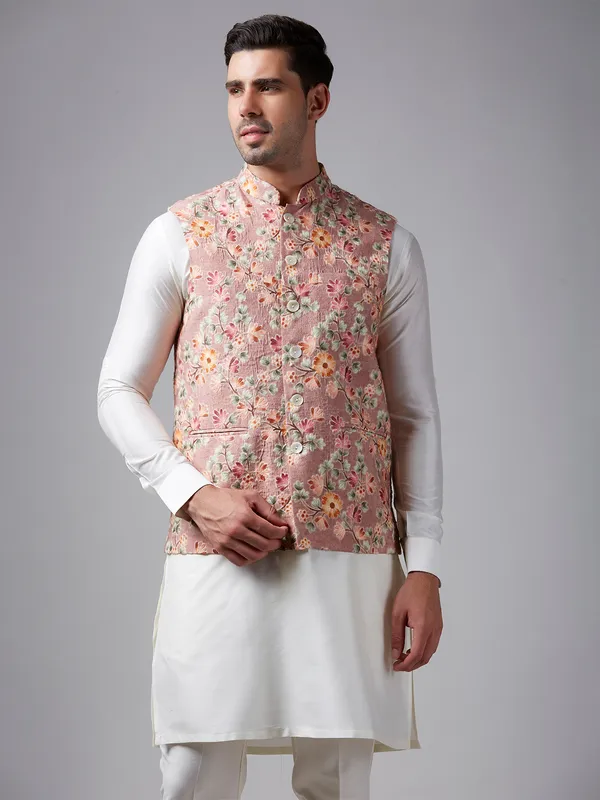 Stunning peach silk embroidery waistcoat set