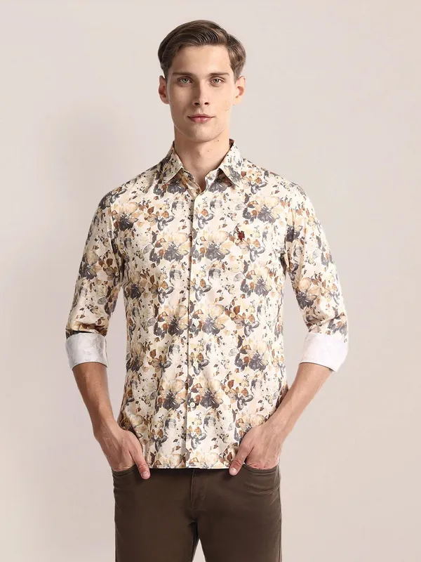 U S POLO ASSN beige printed cotton shirt