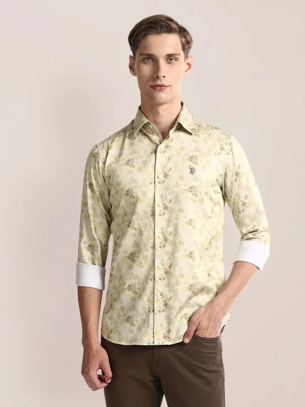 U S POLO ASSN beige printed tailored fit shirt