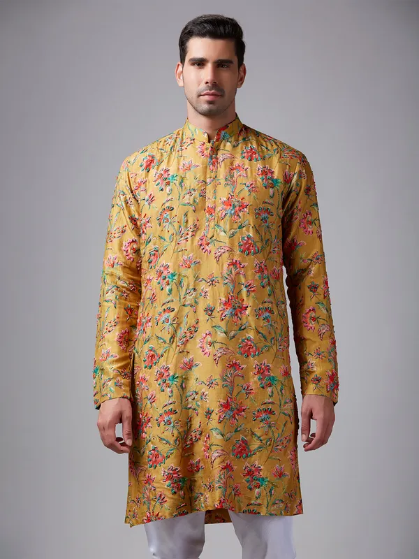 Yellow floral printed handwork kurta suit
