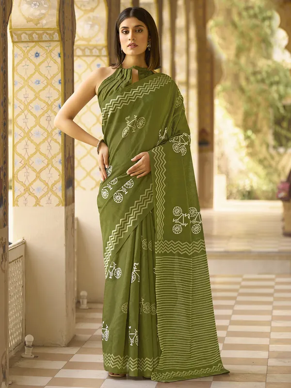 Mocha green printed saree in bhagalpuri silk