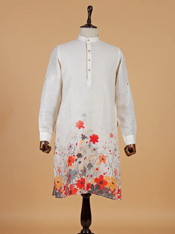 Modern light cream cotton kurta with prints