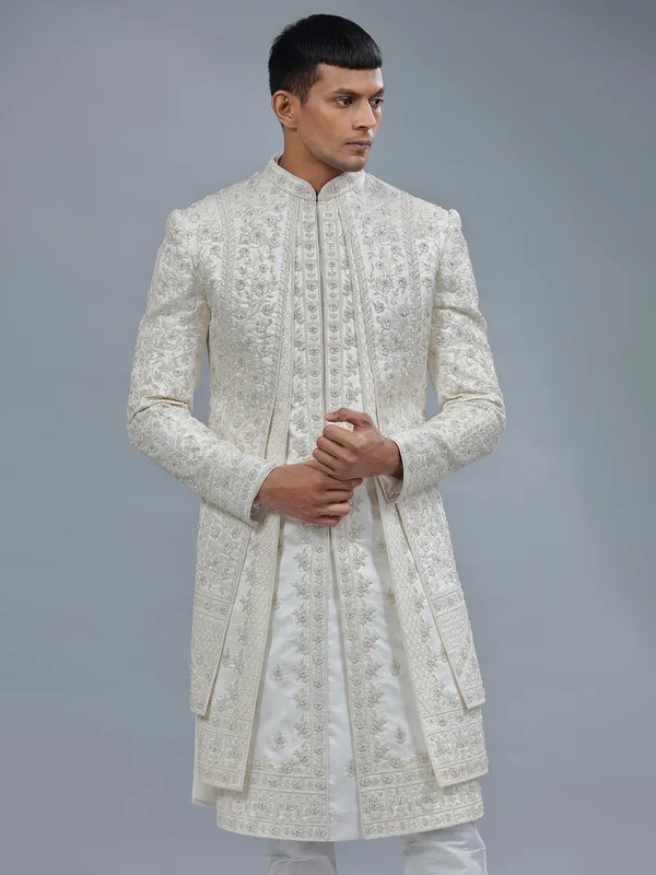 Modern white jacket style silk sherwani