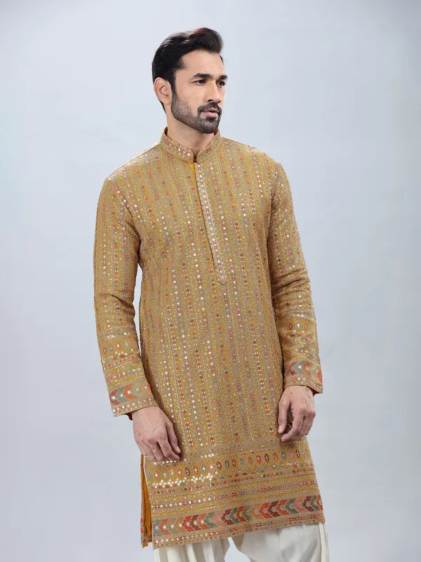 Modern yellow georgette kurta set for men