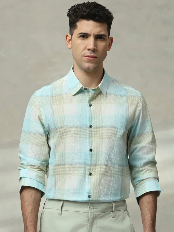 MUFTI aqua colured printed cotton slim fit shirt