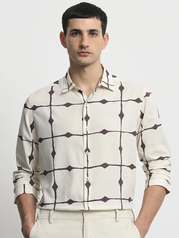 MUFTI beige printed casual wear mens shirt