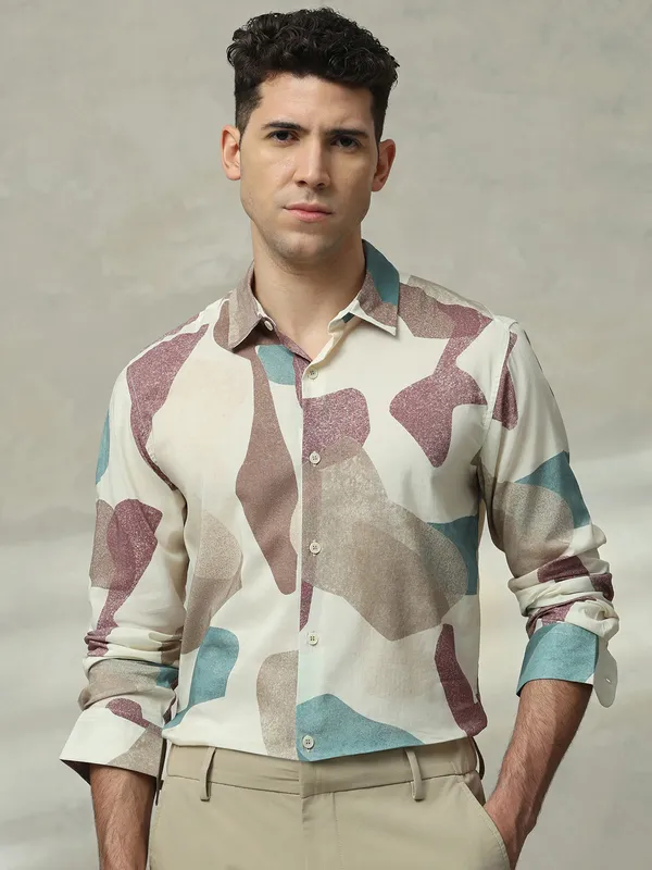 MUFTI beige printed cotton slim fit casual shirt
