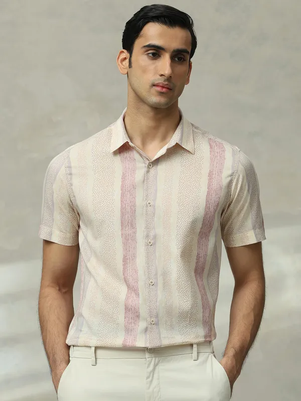 MUFTI beige striped slim fit casual shirt for men