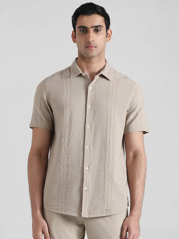 MUFTI beige textured casual half sleeve shirt