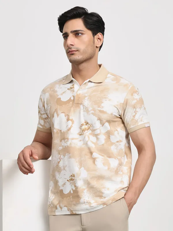 MUFTI beige textured printed polo t-shirt