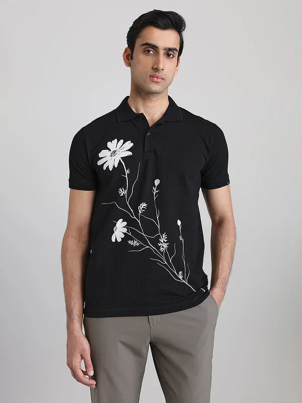 MUFTI black textured polo t-shirt