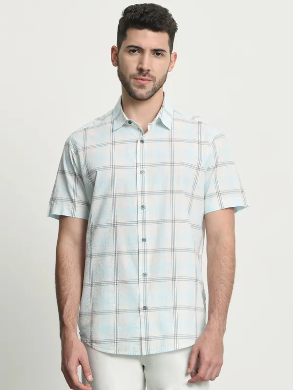 MUFTI blue checkered cotton casual wear shirt