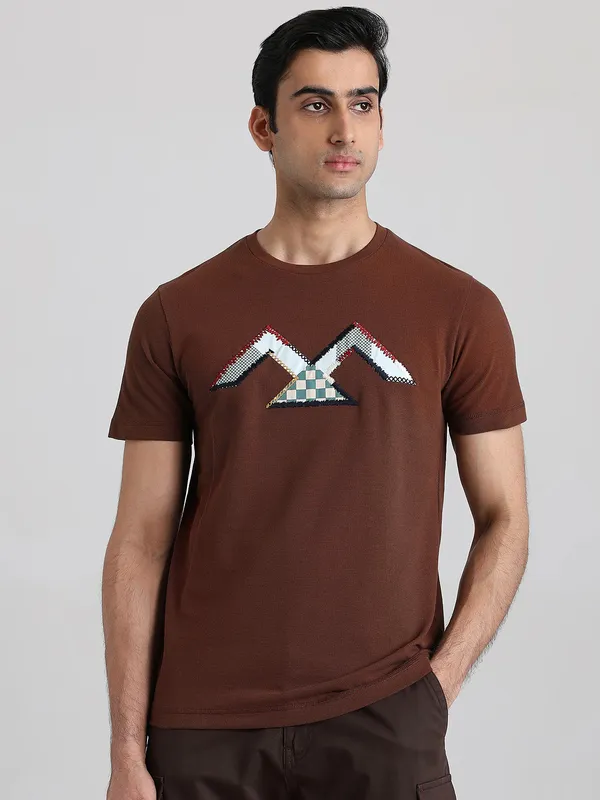 MUFTI brown printed round neck t-shirt