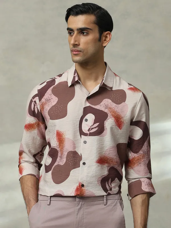 MUFTI brown printed slim fit casual shirt