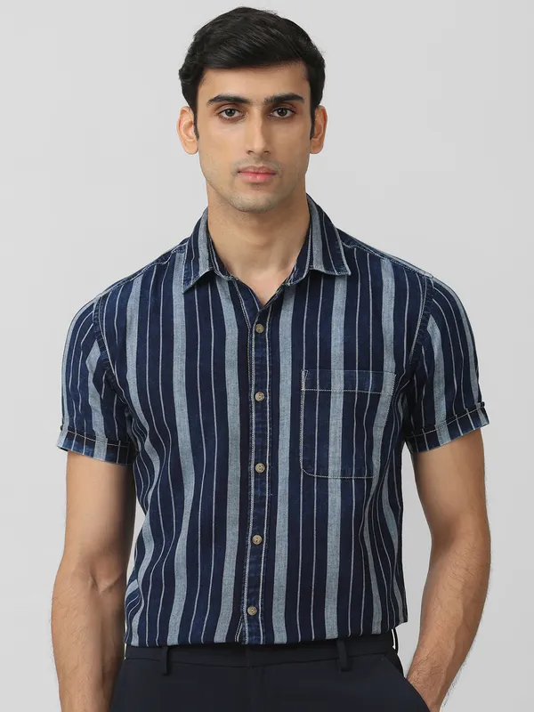 MUFTI cotton stripe navy shirt for men