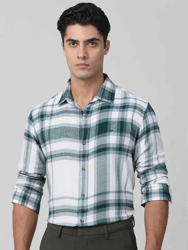 MUFTI dusky green cotton checkered shirt