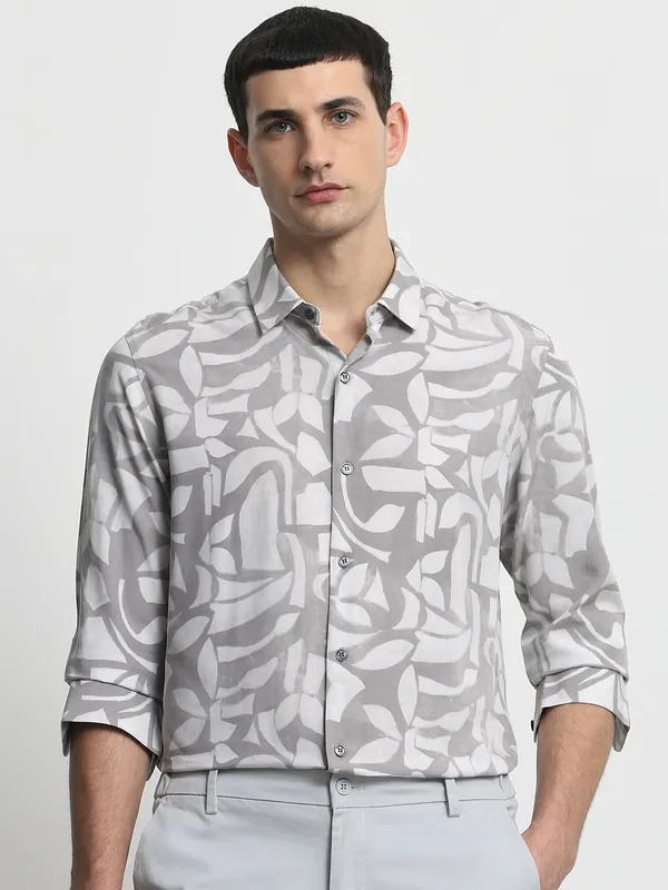 MUFTI grey printed cotton casual shirt for men