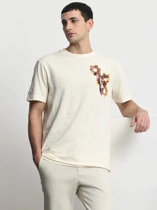 MUFTI light cream printed cotton t-shirt
