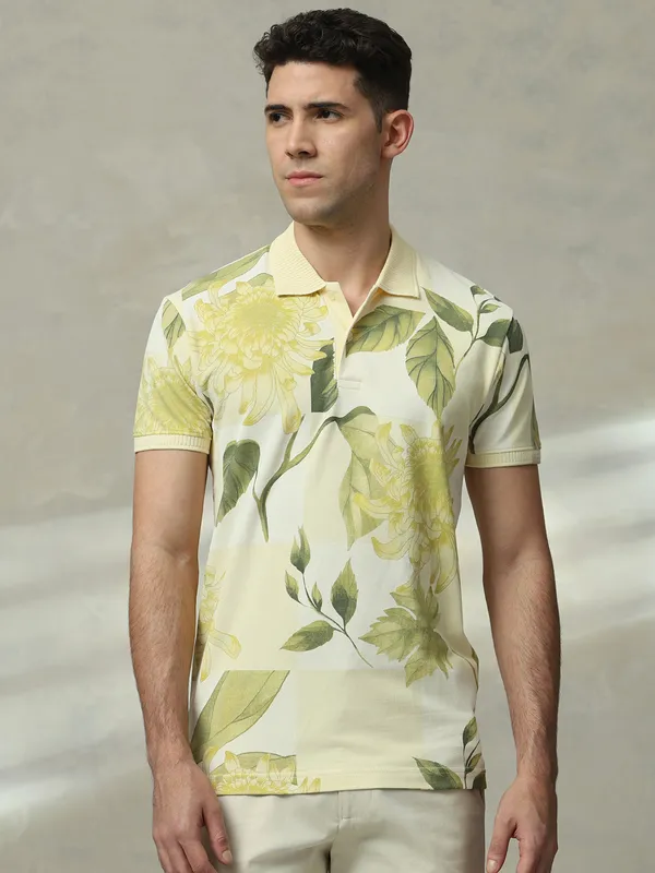 MUFTI lime yellow printed polo slim fit t-shirt