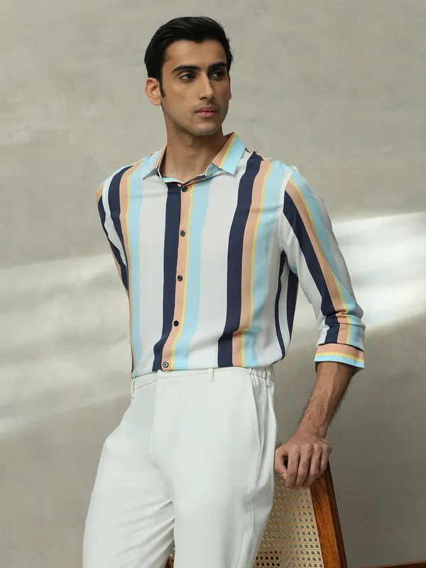 MUFTI multi coloured striped casual wear mens shirt