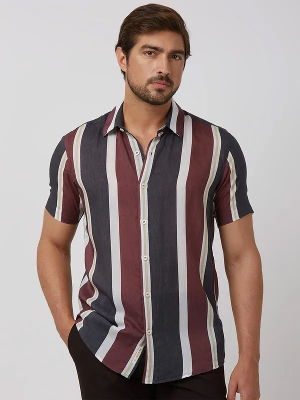 MUFTI navy cotton stripe pattern slim fit shirt