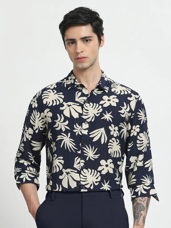 MUFTI navy printed slim fit mens casual shirt