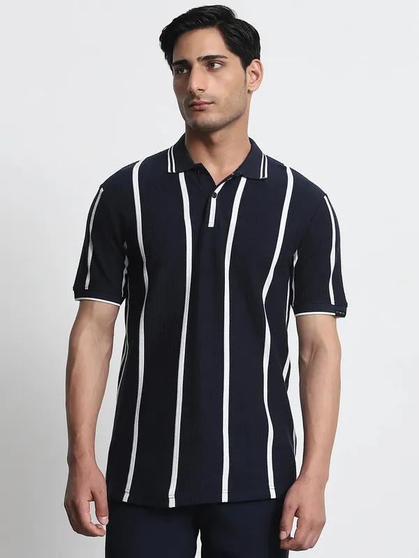 MUFTI navy textured stripe polo t-shirt