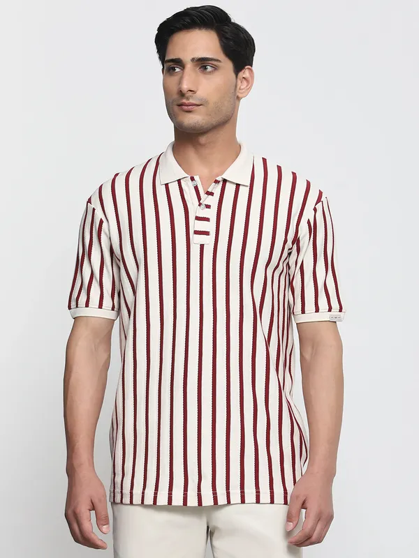MUFTI off white and maroon stripe polo t-shirt