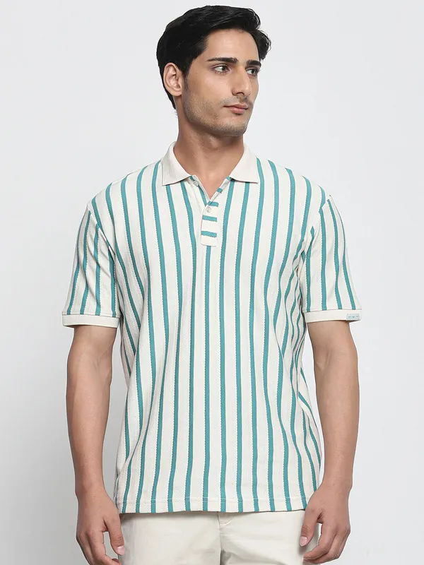 MUFTI off white and teal stripe polo t-shirt