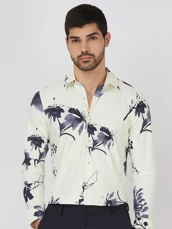 MUFTI off white floral printed cotton shirt