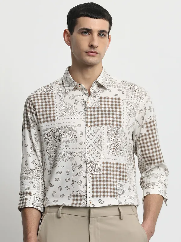 MUFTI off white printed cotton shirt for mens