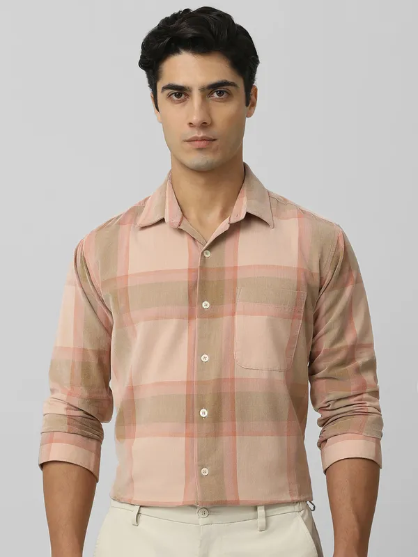 MUFTI peach check cotton shirt for men