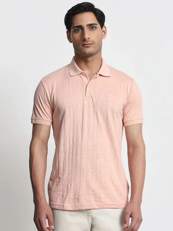 MUFTI peach testured polo neck t-shirt
