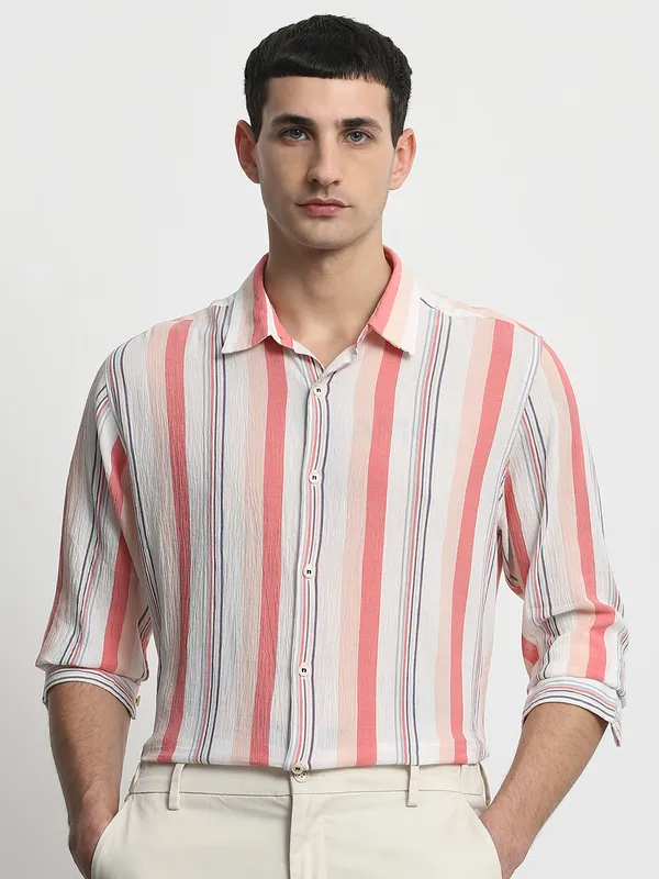 MUFTI pink striped casual wear mens shirt