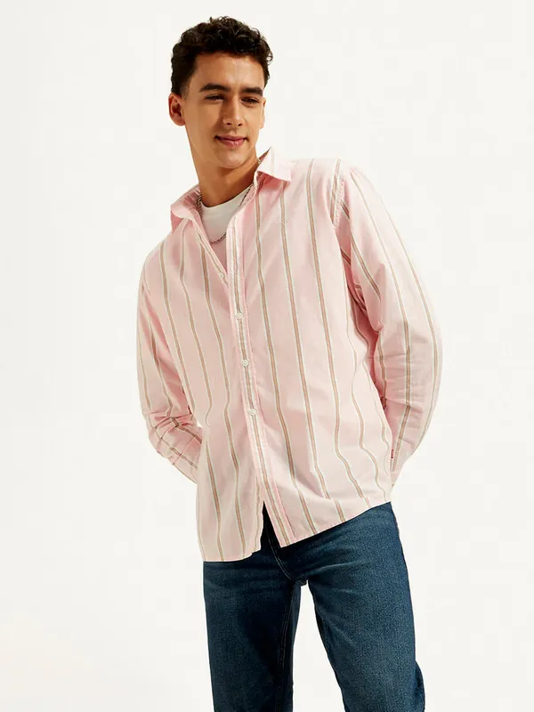 MUFTI pink striped slim fit casual shirt