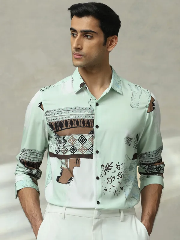 MUFTI pista green printed slim fit casual shirt