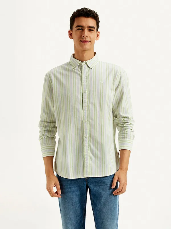 MUFTI pista green slim fit striped casual shirt