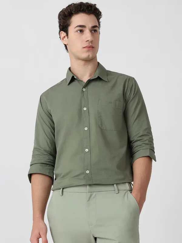 MUFTI plain olive cotton shirt for men
