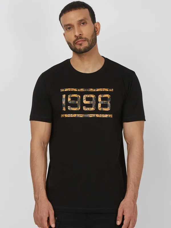 MUFTI printed cotton black slim fit t-shirt